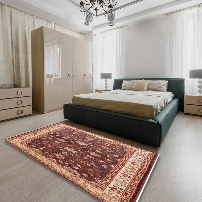 Mid-Century Modern Sandy Brown Oriental Rug in a Bedroom, urb850