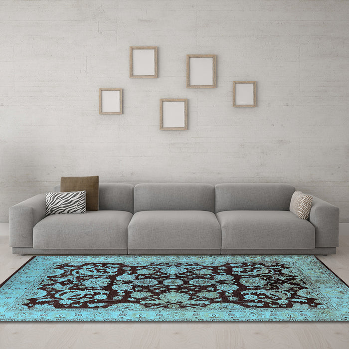 Machine Washable Oriental Light Blue Industrial Rug in a Living Room, wshurb851lblu