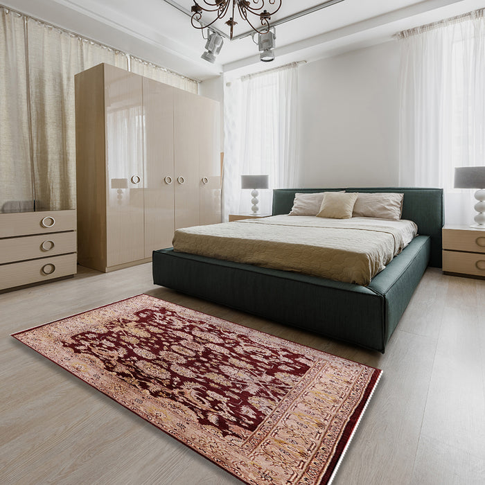 Mid-Century Modern Dark Salmon Pink Oriental Rug in a Bedroom, urb851