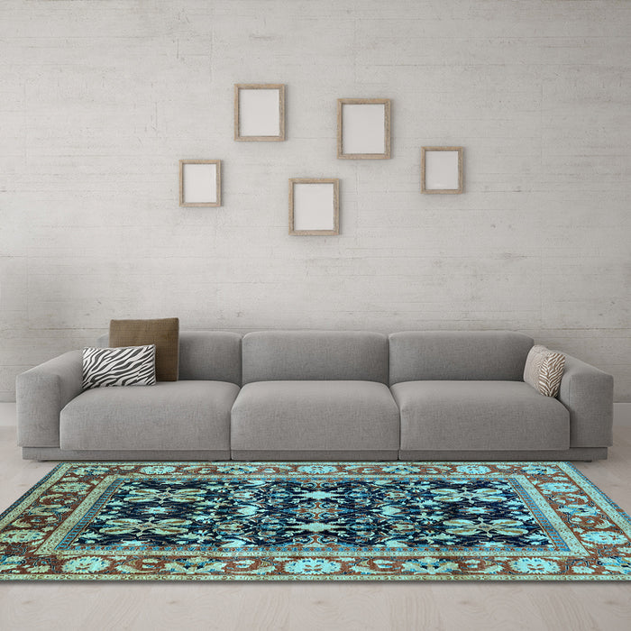 Machine Washable Oriental Light Blue Industrial Rug in a Living Room, wshurb853lblu