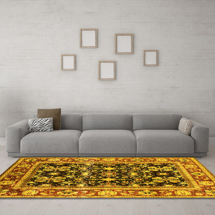 Machine Washable Oriental Yellow Industrial Rug in a Living Room, wshurb853yw