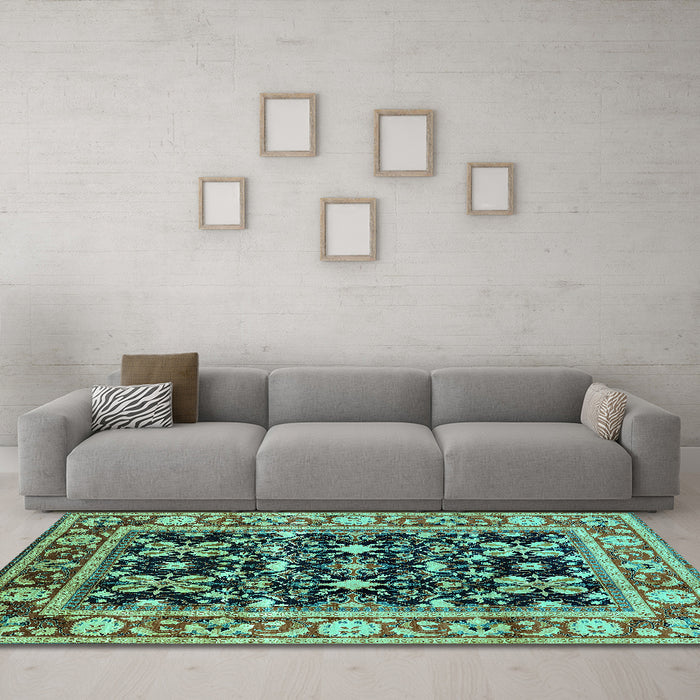 Machine Washable Oriental Turquoise Industrial Area Rugs in a Living Room,, wshurb853turq
