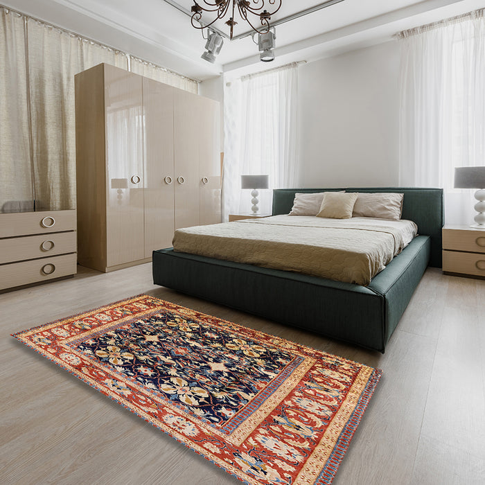 Mid-Century Modern Saffron Red Oriental Rug in a Bedroom, urb853