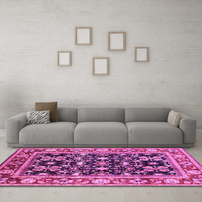 Machine Washable Oriental Pink Industrial Rug in a Living Room, wshurb853pnk