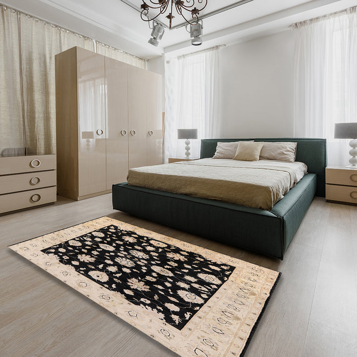 Mid-Century Modern Burgundy Brown Oriental Rug in a Bedroom, urb854