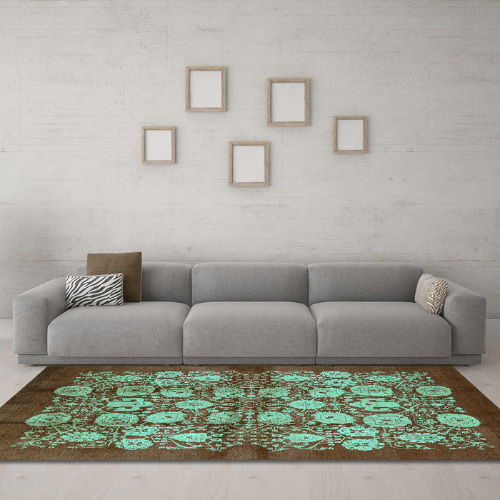 Machine Washable Oriental Turquoise Industrial Area Rugs in a Living Room,, wshurb858turq