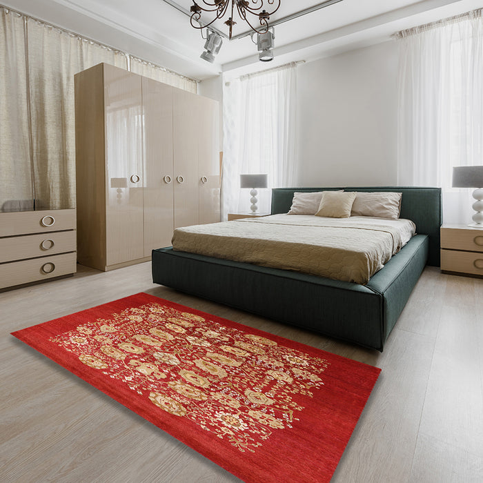 Mid-Century Modern Red Oriental Rug in a Bedroom, urb861