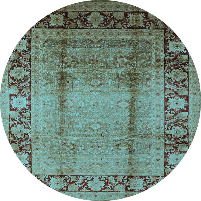 Round Machine Washable Oriental Light Blue Industrial Rug, wshurb862lblu