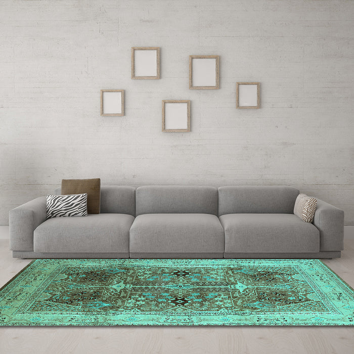 Machine Washable Oriental Turquoise Industrial Area Rugs in a Living Room,, wshurb863turq