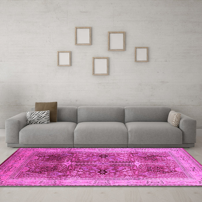 Machine Washable Oriental Pink Industrial Rug in a Living Room, wshurb863pnk