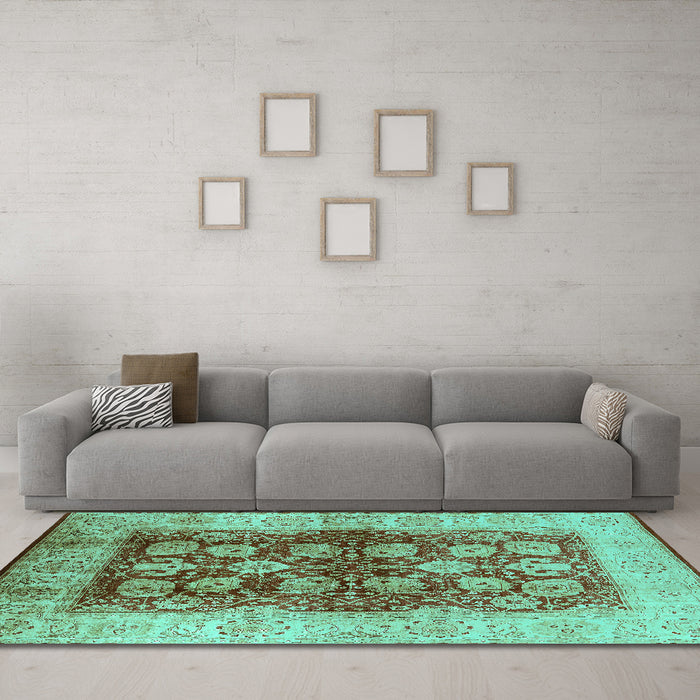 Machine Washable Oriental Turquoise Industrial Area Rugs in a Living Room,, wshurb864turq