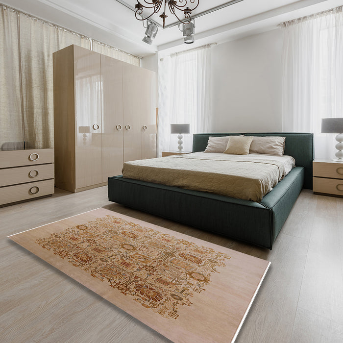 Mid-Century Modern Light Brown Oriental Rug in a Bedroom, urb865