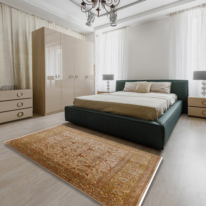 Mid-Century Modern Mahogany Brown Oriental Rug in a Bedroom, urb866