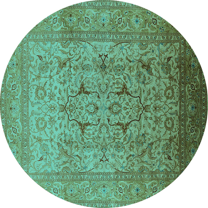 Round Machine Washable Oriental Turquoise Traditional Area Rugs, wshurb866turq
