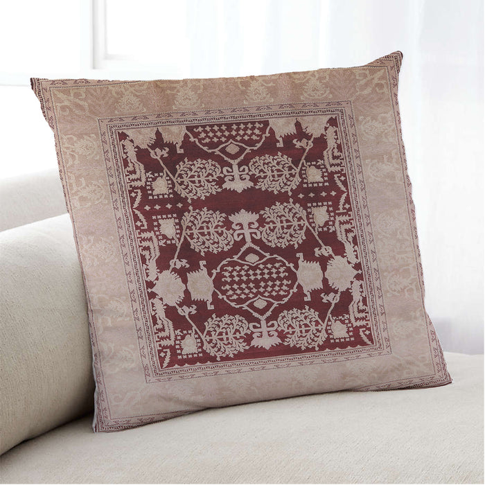 Lifestyle Image of Mid-Century Modern Urban Square Pastel Orange Throw Pillow, 18 inch by 18 inch, pwurb867