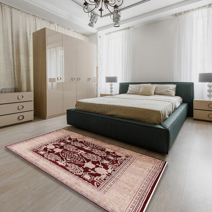 Mid-Century Modern Pastel Orange Oriental Rug in a Bedroom, urb867