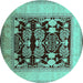 Round Machine Washable Oriental Turquoise Traditional Area Rugs, wshurb867turq