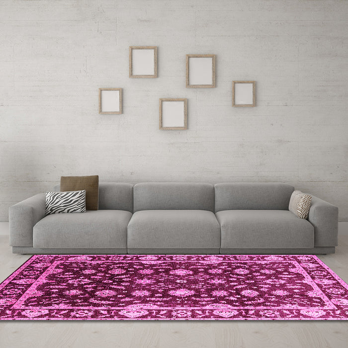 Machine Washable Oriental Pink Traditional Rug in a Living Room, wshurb868pnk