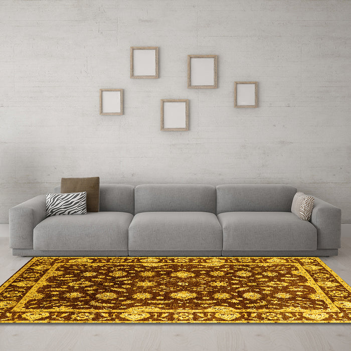 Machine Washable Oriental Yellow Traditional Rug in a Living Room, wshurb868yw