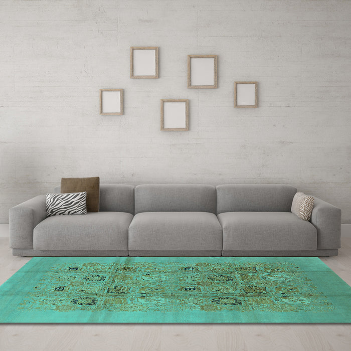 Machine Washable Oriental Turquoise Industrial Area Rugs in a Living Room,, wshurb869turq