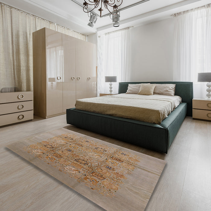 Mid-Century Modern Gold Brown Oriental Rug in a Bedroom, urb869