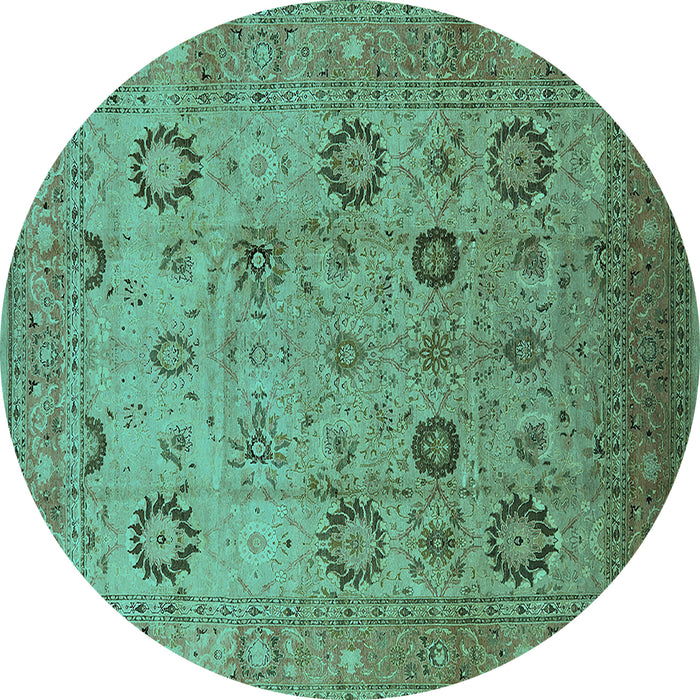 Round Machine Washable Oriental Turquoise Traditional Area Rugs, wshurb871turq