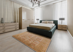 Mid-Century Modern Brown Sand Brown Oriental Rug in a Bedroom, urb872