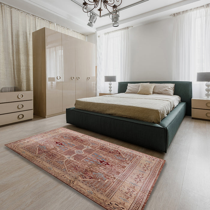 Mid-Century Modern Chestnut Red Oriental Rug in a Bedroom, urb873