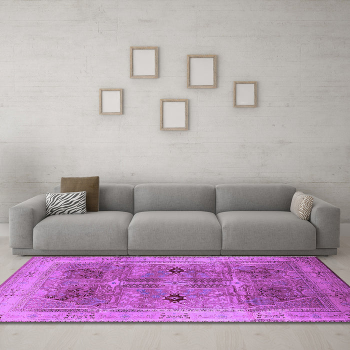 Machine Washable Oriental Purple Traditional Area Rugs in a Living Room, wshurb873pur