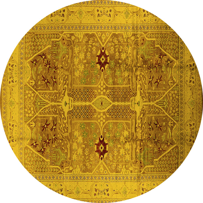 Round Machine Washable Oriental Yellow Traditional Rug, wshurb873yw