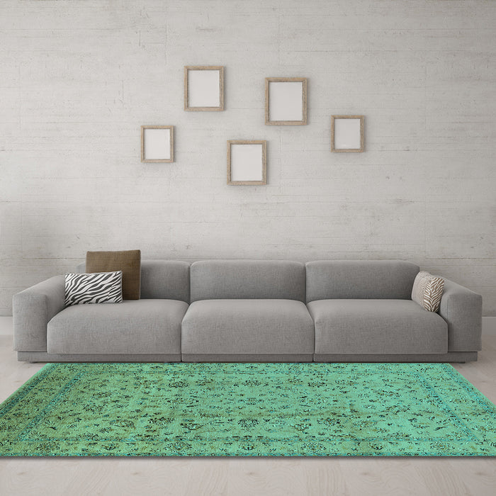 Machine Washable Oriental Turquoise Traditional Area Rugs in a Living Room,, wshurb874turq