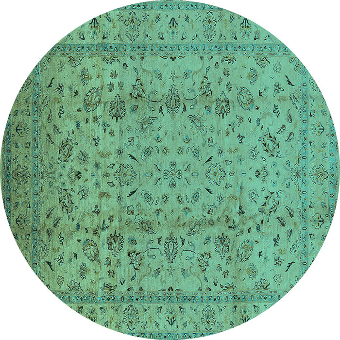 Round Machine Washable Oriental Turquoise Traditional Area Rugs, wshurb874turq
