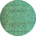 Round Machine Washable Oriental Turquoise Traditional Area Rugs, wshurb874turq