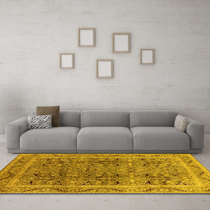 Machine Washable Oriental Yellow Traditional Rug in a Living Room, wshurb876yw