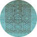Round Machine Washable Oriental Light Blue Traditional Rug, wshurb877lblu