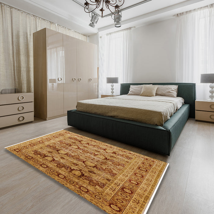 Mid-Century Modern Mahogany Brown Oriental Rug in a Bedroom, urb878