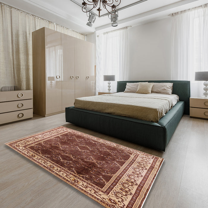 Mid-Century Modern Saffron Red Oriental Rug in a Bedroom, urb879