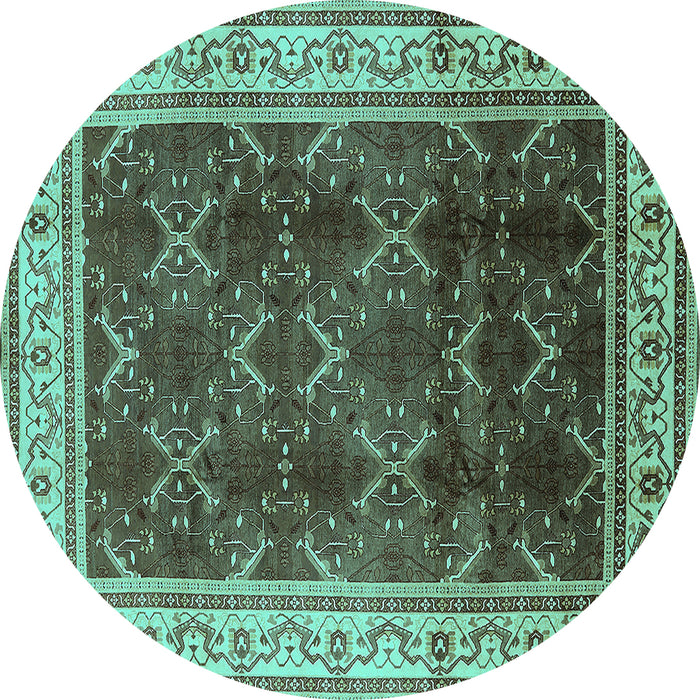 Round Machine Washable Oriental Turquoise Traditional Area Rugs, wshurb879turq