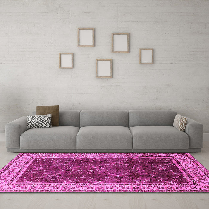 Machine Washable Oriental Pink Traditional Rug in a Living Room, wshurb879pnk