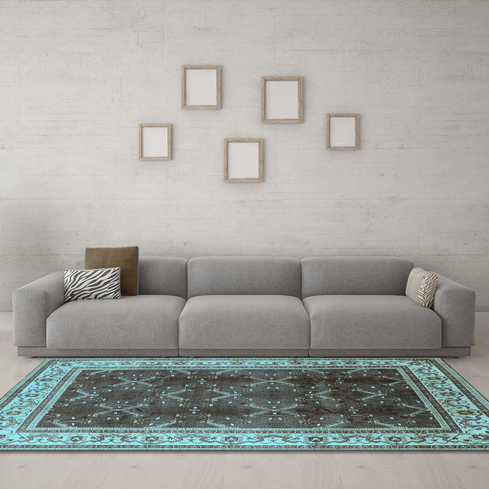 Machine Washable Oriental Light Blue Traditional Rug in a Living Room, wshurb879lblu