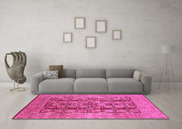 Machine Washable Oriental Pink Traditional Rug in a Living Room, wshurb880pnk