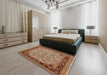 Mid-Century Modern Mahogany Brown Oriental Rug in a Bedroom, urb882