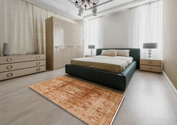 Mid-Century Modern Brown Sand Brown Oriental Rug in a Bedroom, urb884