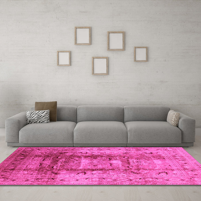 Machine Washable Oriental Pink Traditional Rug in a Living Room, wshurb884pnk