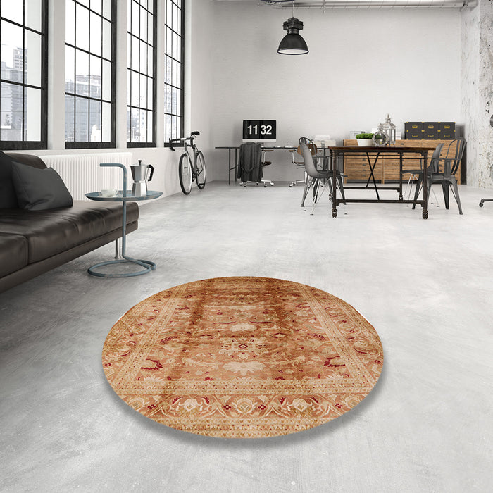 Round Mid-Century Modern Brown Sand Brown Oriental Rug in a Office, urb884