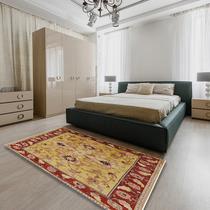 Mid-Century Modern Red Oriental Rug in a Bedroom, urb886