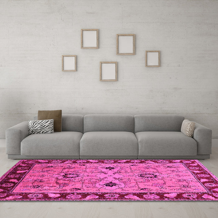 Machine Washable Oriental Pink Traditional Rug in a Living Room, wshurb886pnk