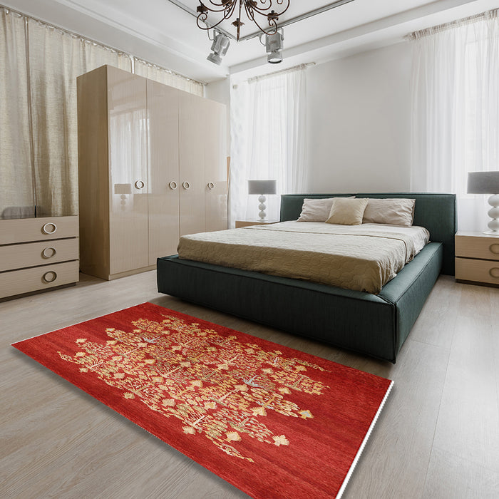 Mid-Century Modern Red Oriental Rug in a Bedroom, urb888