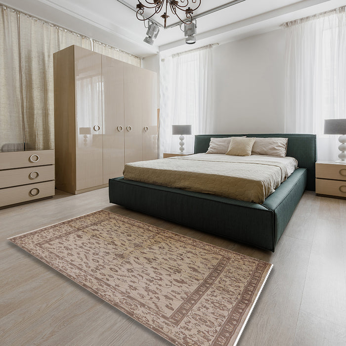Mid-Century Modern Brown Oriental Rug in a Bedroom, urb889