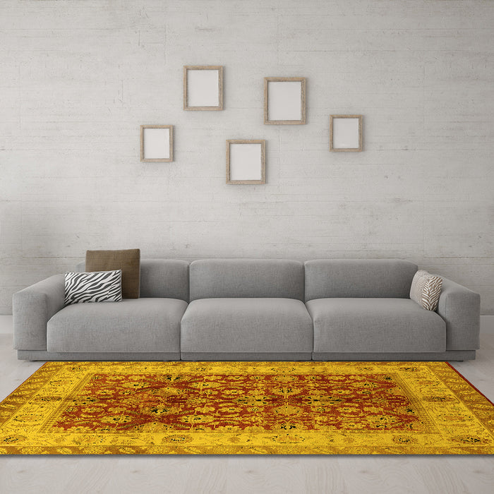 Machine Washable Oriental Yellow Traditional Rug in a Living Room, wshurb890yw